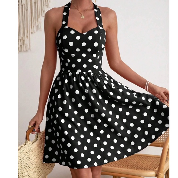 BellanBlue Dresses & Skirts - Polka Dot Shirred Stretchy Back Halter Mini Dress
